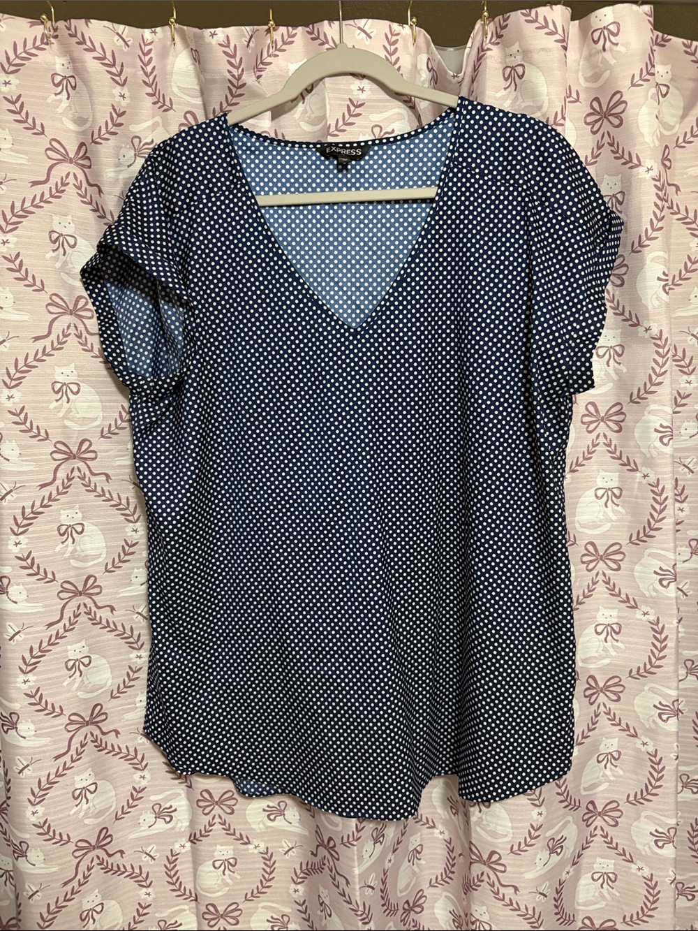 Express Navy and White Polka Dot V-Neck Blouse